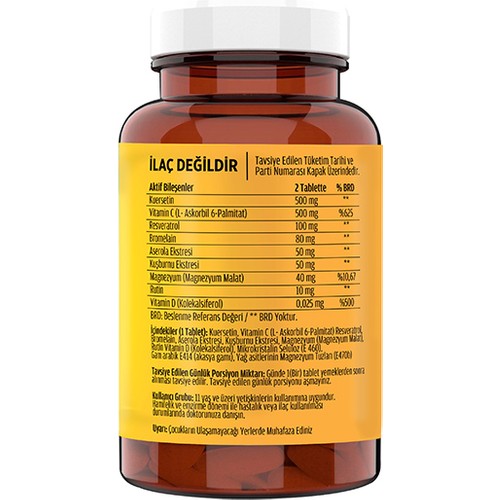 FLX Quercetin Complex Kuersetin Ester C Vitamin D Aserola Rutin Resveratrol Magnezyum Bromelain 60 Tablet 